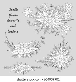 Doodle flower elements and borders for postcards, congratulations and other decorations. Isolated. Vector.