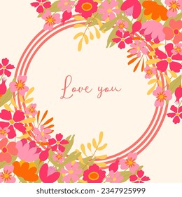 Doodle flower frame, colored flower frame on white background 