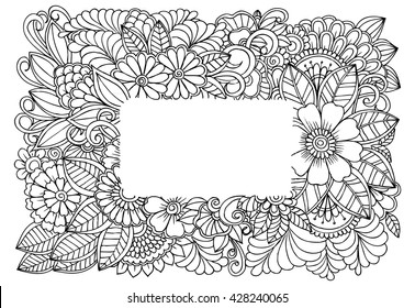 Doodle flower frame. Floral image in black and white.