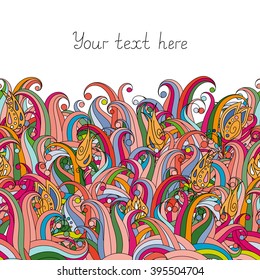 Doodle flower and grass seamless border pattern. May be used like an Invitation card design. Vector stock illustration.