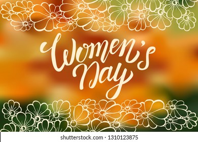 Doodle flower greeting card template for Women' day on blurred background. Vector illustration.