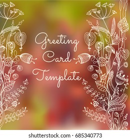 Doodle flower greeting card template on blurred background