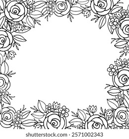 Doodle flower Hand drawn floral square frame featuring roses, daisies, and leaves in monochrome. Perfect for coloring pages, invitations, and minimalist designs