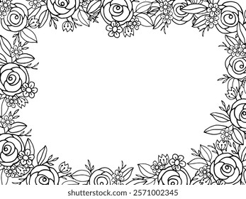 Doodle flower Hand drawn floral square frame featuring roses, daisies, and leaves in monochrome. Perfect for coloring pages, invitations, and minimalist designs