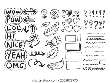 doodle flower hand graffiti set, arrows, business, universal, hearts, frames, exclamation marks, question marks, underline and speech bubbles.