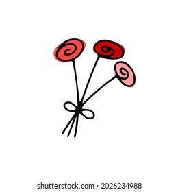 Doodle flower. Hand-drawn plant isolated on white background. Flower bouquet. Stylized cartoon roses. love sign. Vector floristic illustration for interior, gardening, holiday, Valentines Day, wedding