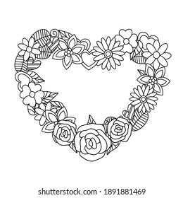 Doodle flower and leaves in heart shape frame. Zentangle pattern design for coloring book page. Valentine’s Day concept.