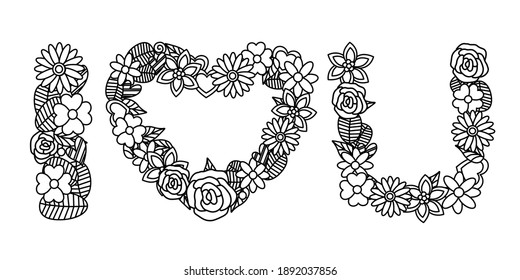 Doodle flower and leaves in text of I love You meaning. Zentangle pattern design for coloring book page. Valentine’s Day concept.