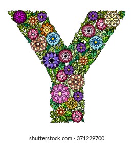 Doodle flower letter Y. Floral element of colorful alphabet made from flowers.