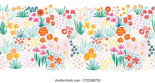 Doodle flower meadow seamless vector kids border. Repeating colorful line art floral pattern. Use for fabric trim, ribbons, card decor, letters, frames, spring and summer decor