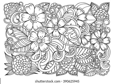 Doodle patrón de flores. Hermoso dibujo floral en libro para colorear para adultos en blanco y negro.