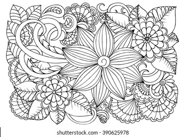 Doodle flower pattern. Beautiful floral drawing in black and white adult coloring book.