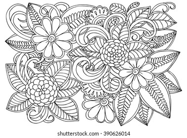 Doodle flower pattern. Beautiful floral drawing in black and white adult coloring book.