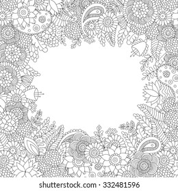 Doodle flower pattern black and white isolated on white background. Vector decorative frame in ethnic Indian style for coloring book, design of textile, bags, product packaging, brochures, flyers