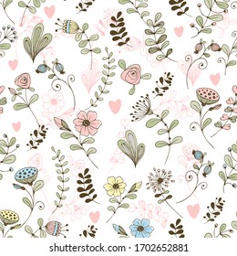 Doodle flower pattern cute flowers on white background. Vector .