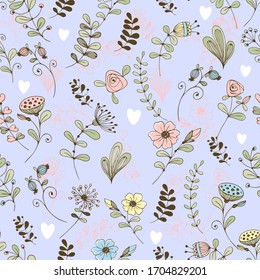Doodle flower pattern delicate flowers on a lilac background. Vector .