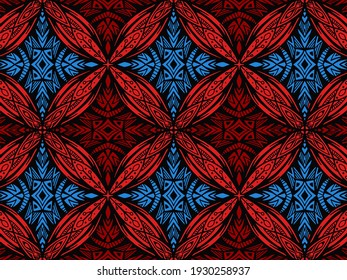 Doodle Blumenmuster mit Ziergegenständen. Färben von Kaleidoskop-Bildschirmhintergrund. Vektorrote und blaue Naturstruktur. Stoff mit Boho-Blättern. Geometrisches Ornament