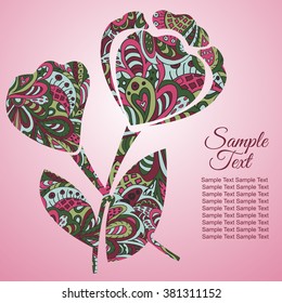 Doodle flower. Poppy. Zentangle drawing. Holiday card. Tenderness of spring. Rose and green colors