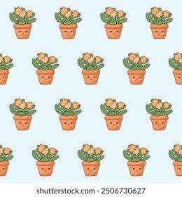 Doodle Flower and Pot Cartoon Seamless Pattern Background. Abstract Cute Kawaii Baby Textile Swatch Design. Bright Domestic Floral Plant in Vase Decorative Element Symbol Silhouette Fabric Print.