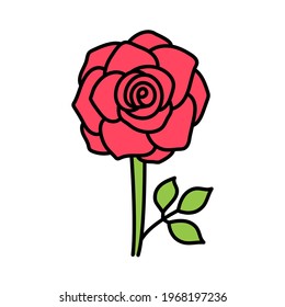 Doodle flower rose with stem and leaf. Vector hand drawn color sketch. 