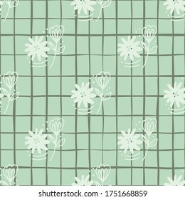 Doodle flower seamless pattern in line art style on green background. Abstract floral wallpaper. Decorative backdrop for fabric design, textile print, wrapping, cover. Vintage vector illustration