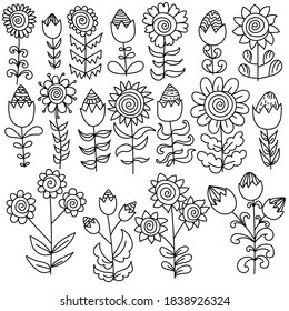 Doodle flower set with buds and open petals, single plants and decorative flower sprigs, vector outline illustration for design and creativity