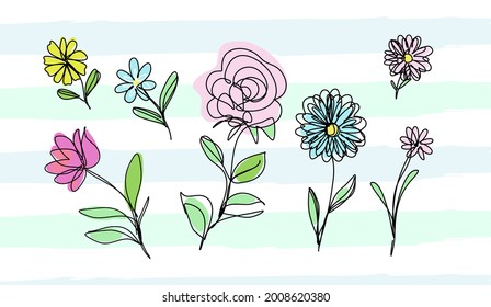 Doodle flower set. Summer decoration elements. Floral design. Vector illustration.