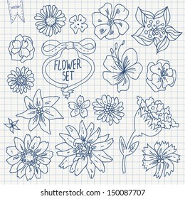 Doodle flower set in vector on squared paper