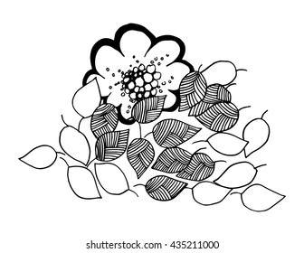 Doodle flower  textured leaf background. Hand drawing illustration white