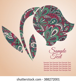 Doodle flower. Tulip. Zentangl drawing. Holiday card. Tenderness of spring. Vinous and green