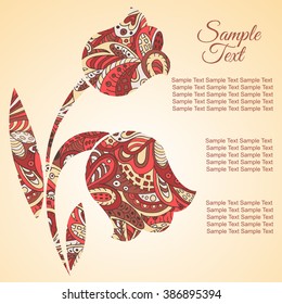 Doodle flower. Tulips. Zentangl drawing. Holiday card. Rosy and brown colors