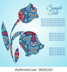 Doodle flower. Tulips. Zentangle drawing. Holiday card. Red and blue colors