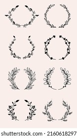 doodle flower wreath and branches of leaves vector set from free hand drawn
