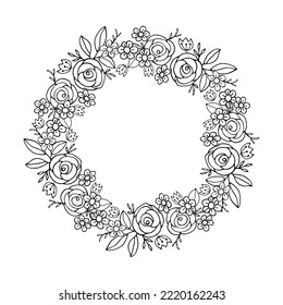 Doodle flower wreath for coloring page, rose and daisy flower 