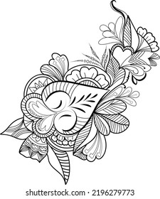 doodle flower zentangle hand drawn ornament flower tattoo, black and white illustration vector elements embroidery sketch on engraved art for coloring pages for adult