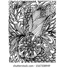 Doodle flowering monochrome ornament stock vector illustration for web, for print, for coloring book