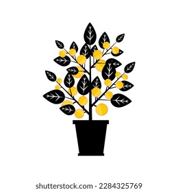 Doodle flowerpot black yellow leaves.Vector illustration.