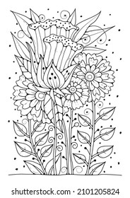 Doodle flowers background for coloring. Art therapy for children and adults. Vector illustration. Art line. Coloring page.