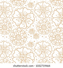 Doodle flowers background, hand drawn mehndi floral template in beige and white color palette