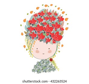 Doodle flowers beautiful girl face