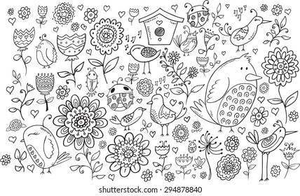 Doodle Flowers and Birds Vector Set 