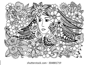 Doodle flowers in black and white and beautiful woman's face