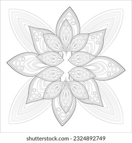 Doodle flowers in black and white pleasing for adults' coloring page. pleasing decorative flower of Coloring book page for adult Black outline and white background