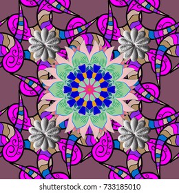 Doodle flowers and branches, herbs and flowers. Vector illustration. Beautiful fabric pattern. Hand drawn.