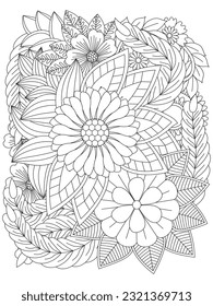 Doodle flowers for coloring page. Coloring pages for adult.  Vector black and white colorin page for colouring book.