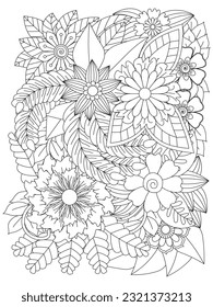 Doodle flowers. Coloring pages for adult. Vector black and white colorin page for colouring book.