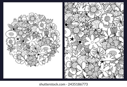 Doodle flowers coloring pages set in zentangle style. Fantasy floral templates for coloring book in US Letter format. Collection with black and white backgrounds. Vector illustration