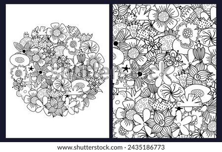 Doodle flowers coloring pages set in zentangle style. Fantasy floral templates for coloring book in US Letter format. Collection with black and white backgrounds. Vector illustration
