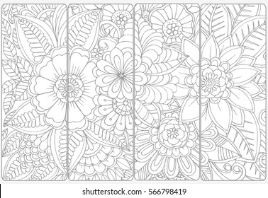 Doodle flowers for coloring.Vector set of monochrome bookmarks .