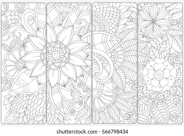 Doodle flowers for coloring.Vector set of monochrome bookmarks .